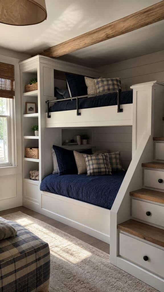 Classic Stacked Built In Bunk Beds with Integrated Storage