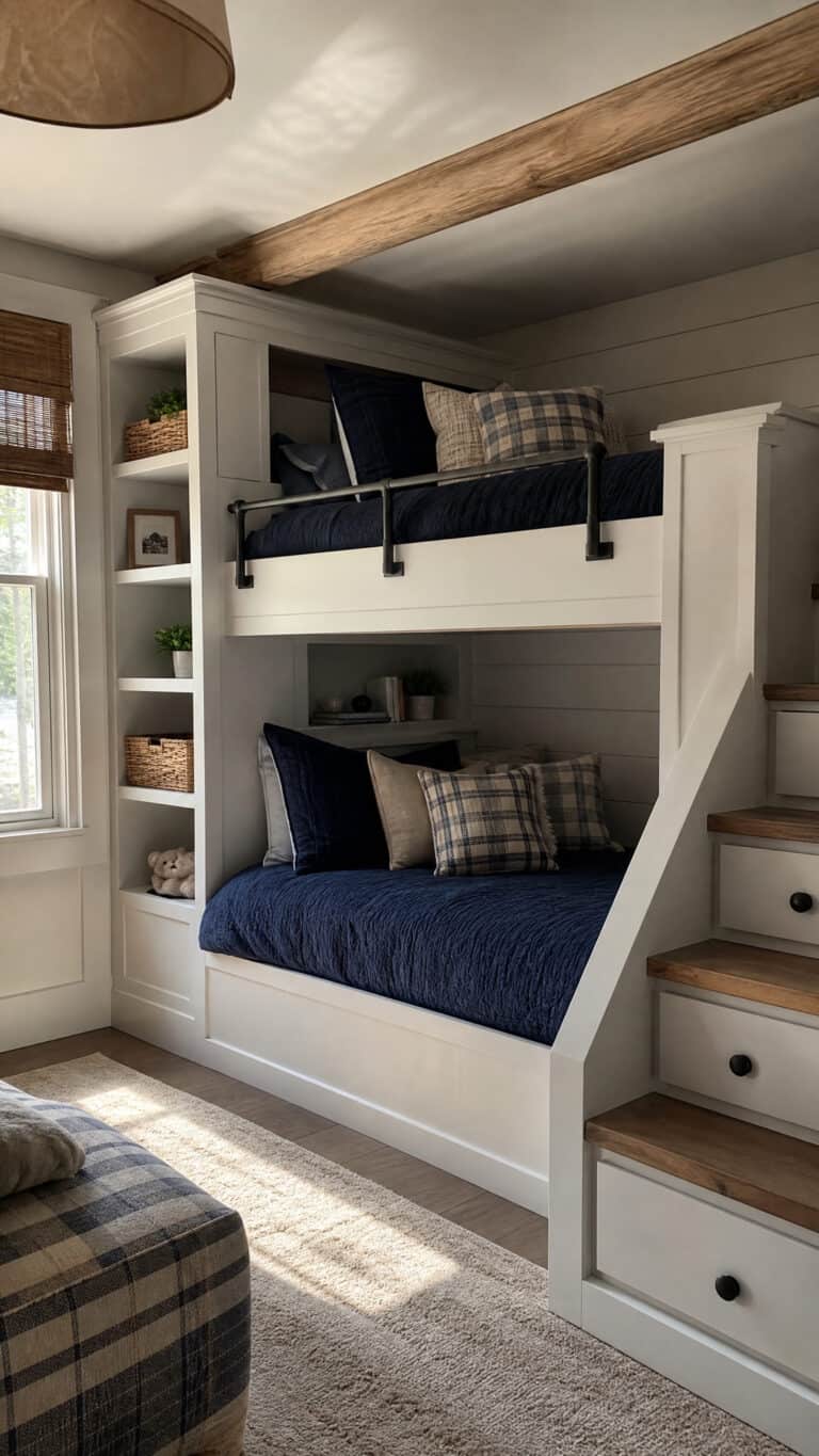 Classic Stacked Built In Bunk Beds with Integrated Storage