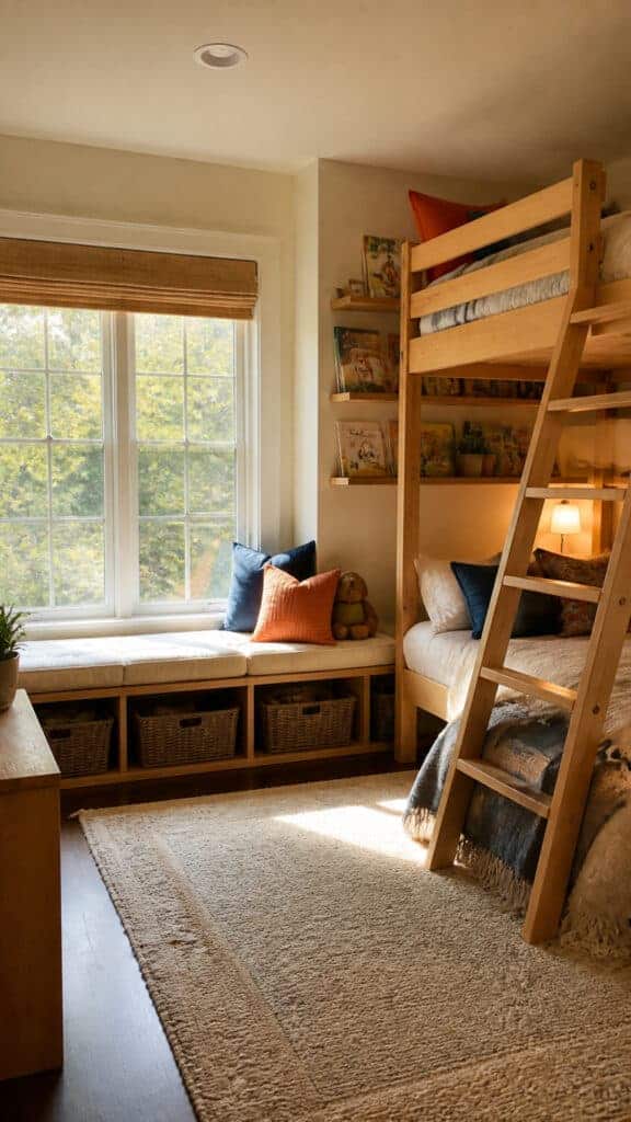 Built-In Window Seat Reading Nook Under the Top Bunk