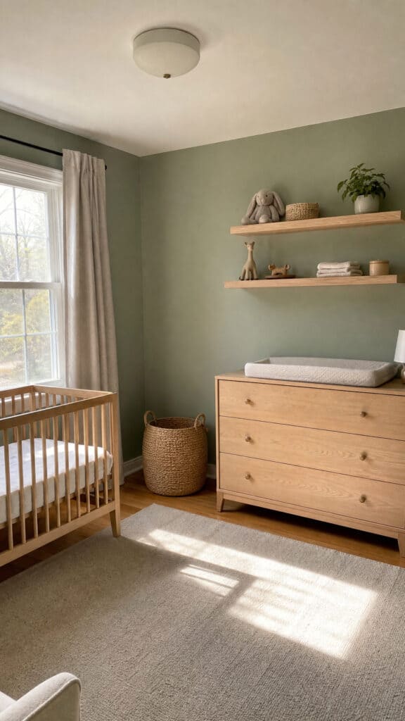 Sage Green Walls with Natural Wood Accents