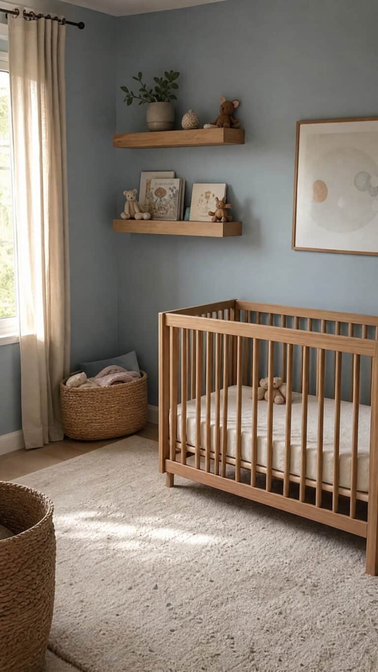 Dusty Blue Walls with Natural Wood Accents