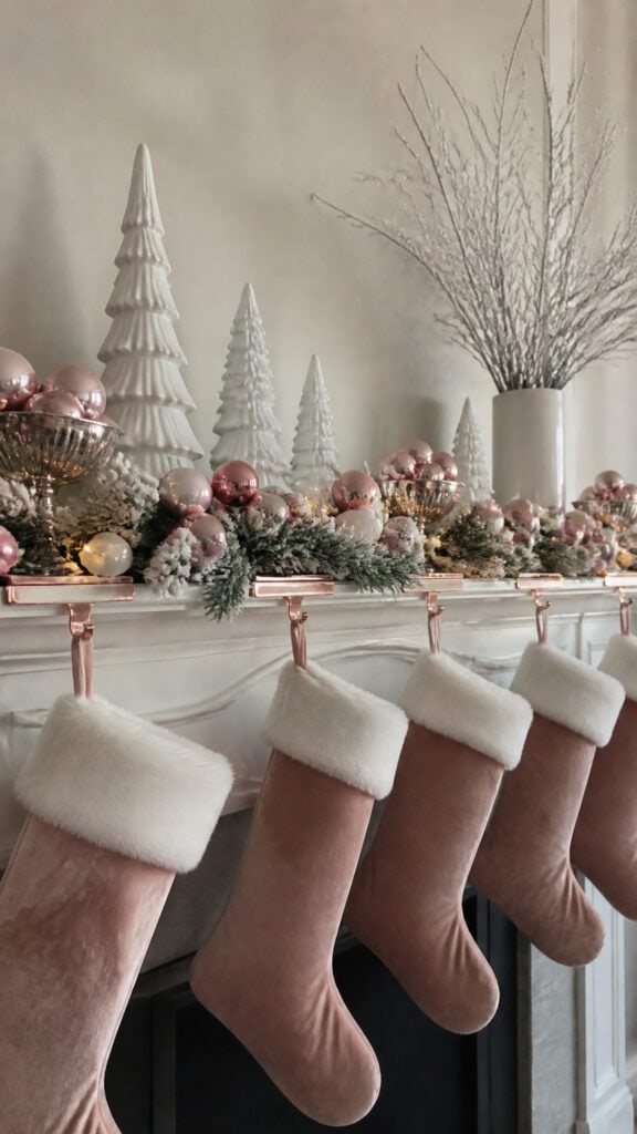 Pink Christmas Stockings and Mantel Decor